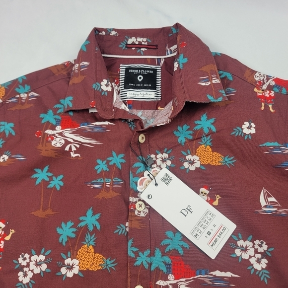 NWT Denim & Flower guitar Santa tropical Christmas holiday button down shirt - Picture 3 of 5